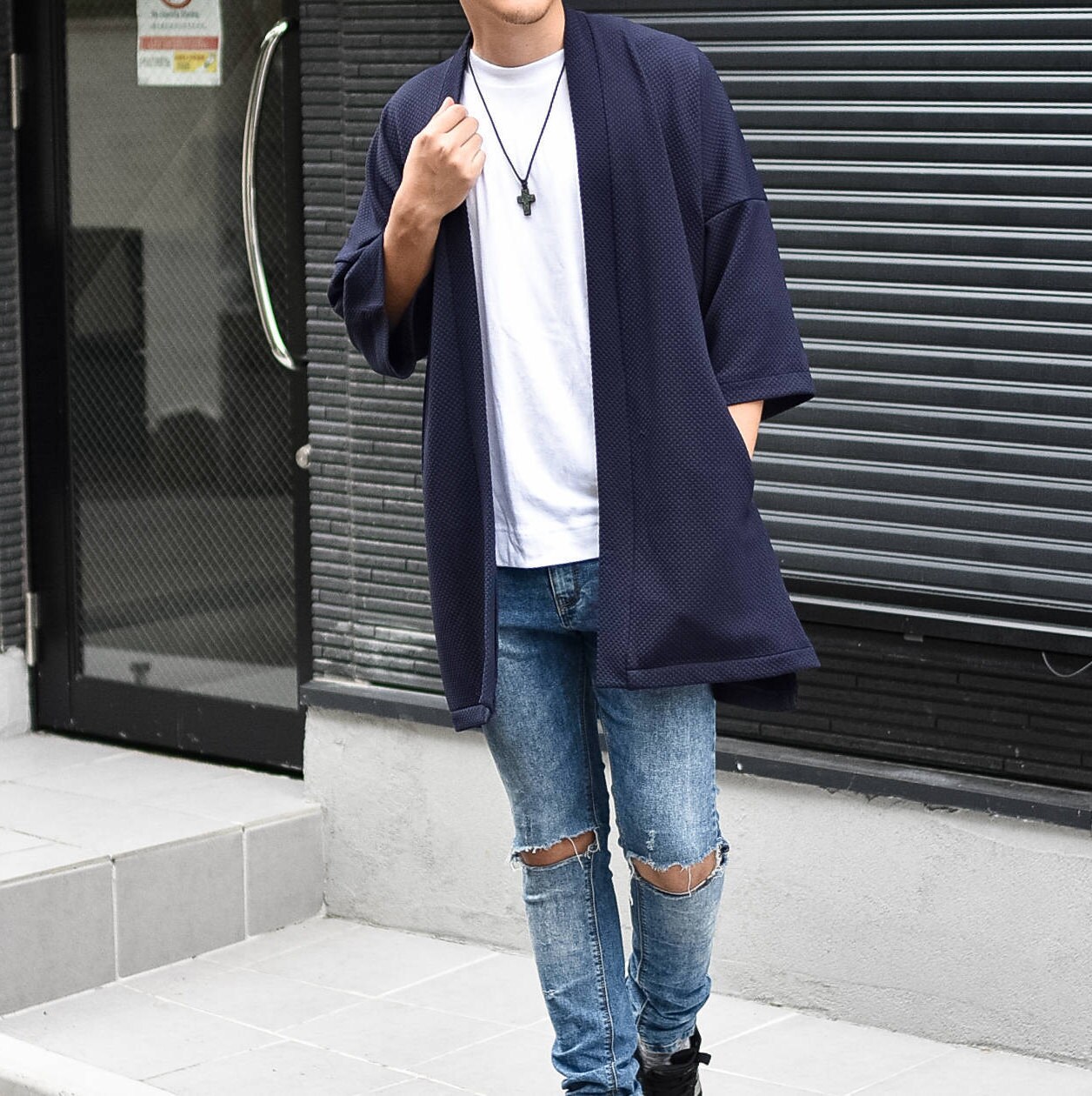 Men's Long Navy Kimono Cardigan, Japan Oversized Noragi Jacket, 4…