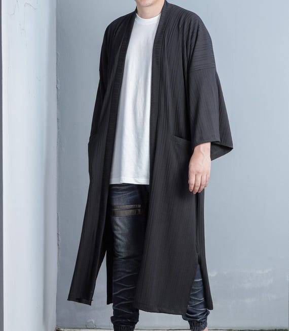 Men's Black Long Ribbed Kimono Cardigan Coat, Japanese Noragi