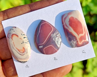 May include: Three polished gemstones with unique patterns and colors. The stones are set on a white card and held by a hand. The gemstones are oval, teardrop, and rectangular shapes. The colors include red, cream, and gray.