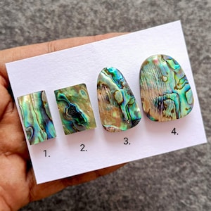 Pode incluir: Quatro peças iridescentes de concha de abalone em várias formas: retangular, quadrada e duas ovais. As conchas exibem uma mistura de cores verdes, azuis e marrons com padrões naturais. Cada peça está numerada de 1 a 4.