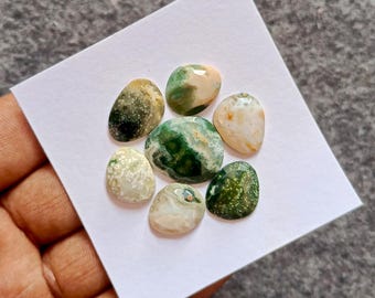 Op de afbeelding: Een verzameling van zeven gepolijste edelstenen in verschillende vormen en maten. De stenen hebben een mix van kleuren, waaronder groen, wit en bruin, met unieke patronen en texturen. Ze zijn gerangschikt op een wit oppervlak.