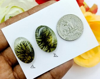 May include: Two oval-shaped gemstones with dendritic inclusions, next to a quarter. The gemstones have a clear base with black and yellow-green fern-like patterns. The quarter is silver and shows an eagle.