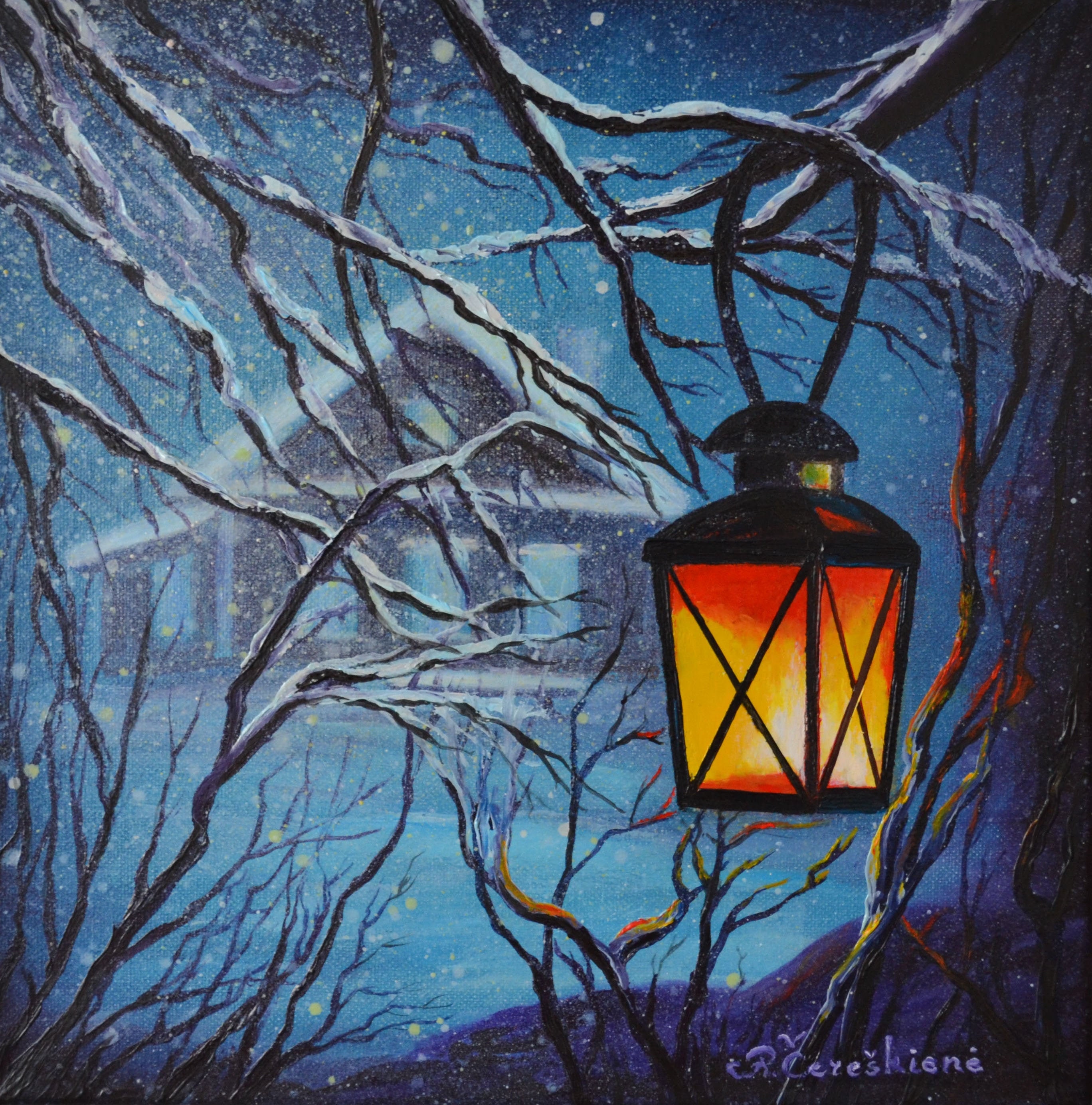 Oil Painting on Canvas Winter Season Warm Lantern Light Original