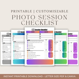 May include: Printable checklist for photo sessions with four different color options: gray, blue, orange, and green. The checklist includes sections for client details, session details, pre-session, post-session, and back-up.