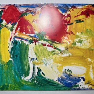 May include: Abstract painting with bold brushstrokes in red, yellow, green, and blue. The artwork features a dynamic composition with visible texture and a vibrant color palette. The painting has a signature in the bottom left corner and the number 39 in the bottom right corner.