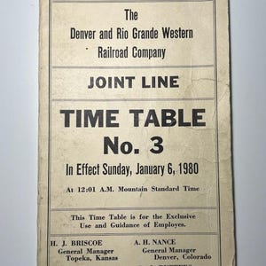DRGW Denver Rio Grande Atchison Santa Fe Railroad Train Joint Line Time Table No. 3 Softcover 1980 Reference Research