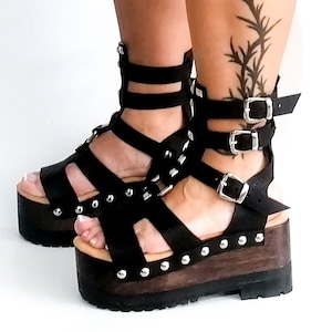 Wooden wedge strappy clog sandals, black strappy sandals with silver studs