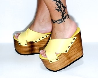 Sunny Yellow Leather Sandals: Embrace the Great 90's Style with Wooden Wedge Platforms!!. 90s Platform, 70s Platform, Platform Clog