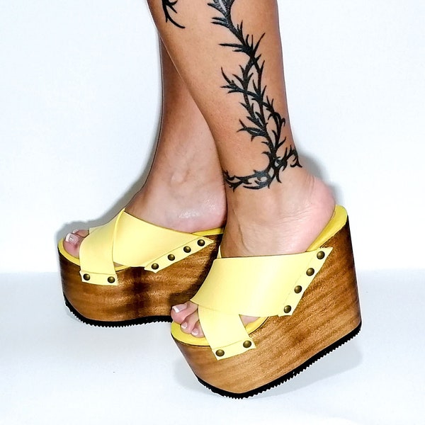 Sunny Yellow Leather Sandals: Embrace the Great 90's Style with Wooden Wedge Platforms!!. 90s Platform, 70s Platform, Platform Clog
