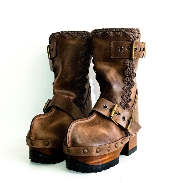 Rev Up Your Style with Handmade Biker Clog Boots and Platform Boots Featuring Wooden Soles. Clogs Boots, Platform Boots