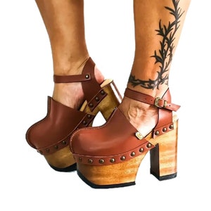 Vintage 70's Style Platform Clogs: Unique Wooden Heels for Your Exclusive Style!. Wood Clogs, Wooden Heels, Platform Heels