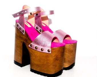 Retro Glamor Revived: Embrace the 70s with Super High Heel Leather Platform Clogs!! Platform Heels, wood Heels