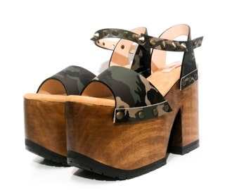 Camouflage Leather Platform Sandals: Step Out in Style!! Platform Heels, Platform Sandals, Platform Shoes