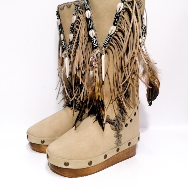 Boho Chic Elevated: High Bohemian Suede Leather Platform Boots & Clogs! ,Boho Boots,High Boots