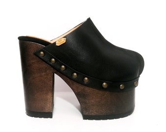 Vintage 70's style clogs with super high heels, elevate your look with these super high heel platform clogs!