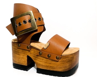 90's vintage style platform clog sandals, Brown leather sandals vintage style