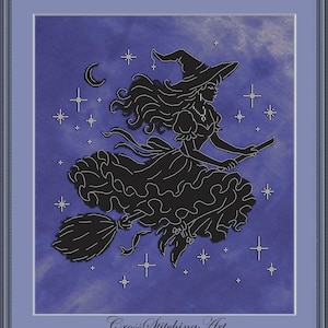 May include: A framed cross-stitch art piece featuring a black silhouette of a witch riding a broom against a blue background with stars and a crescent moon. The witch wears a hat and dress. The text "Cross Stitching Art" is at the bottom.