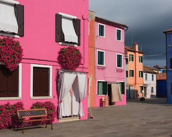 Urban Photography: Colorful Buildings in Burano Italy, limited edition - Fine Art Print, European architecture, Travel, Venice, Windows