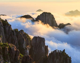 Nature Landscape Photography: Mt. Huangshan at Sunrise, limited edition - Cloud photography,  Fine Art Print, China photo, Mother earth