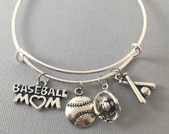 Baseball Mom - Baseball - Baseball Bracelet - Coach Gift - Baseball Jewelry - Baseball Mom Bangle Bracelet -  Baseball Charms - Sports Mom