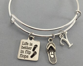 Life is Better in Flip Flops - Flip Flops - Personalized Beach Charm Bracelet - Mothers Day Gift - Gift for her - Bangles - Gift for mom