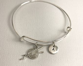 Gift for Knitter - Knitting Bracelet - Knitting Charm - Personalized Bracelet - Initial Bracelet - Charm Bangle - Monogram - Customized