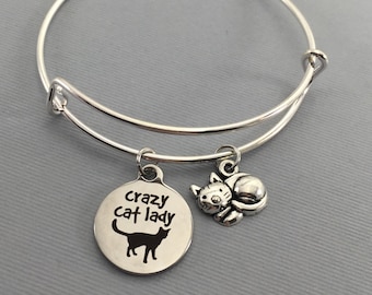 Cat - Cat Jewelry - Crazy Cat Lady - Cat Lover Gift - Charm Bracelet - Cat Bracelet - Bangle Bracelet - Valentines Gift - Cat Charm Bracelet