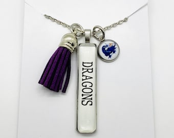 Pittsburg Kansas High School - Customized School Spirit Necklace or Keychain - Dragons Mascot -  Cheerleading Football - Teacher Mom Gift