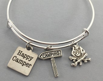 Camping - Happy Camper Jewelry - Charm Bracelet - Bangle Bracelet - Camper - Vintage Camper - Glamping - Camping Jewelry - Camping Gift