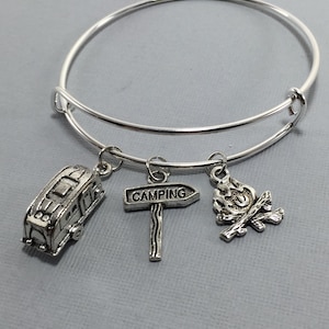 Camping - Happy Camper Jewelry - Charm Bracelet - Bangle Bracelet - Camper - Vintage Camper - Glamping - Camping Jewelry - Camping Gift