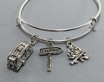 Camping - Happy Camper Jewelry - Charm Bracelet - Bangle Bracelet - Camper - Vintage Camper - Glamping - Camping Jewelry - Camping Gift