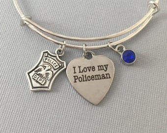 Police Wife - Police Girlfriend - I love my Policeman - Adjustable Bracelet - Blue Lives Matter - Police - Thin Blue Line - Gift for Her