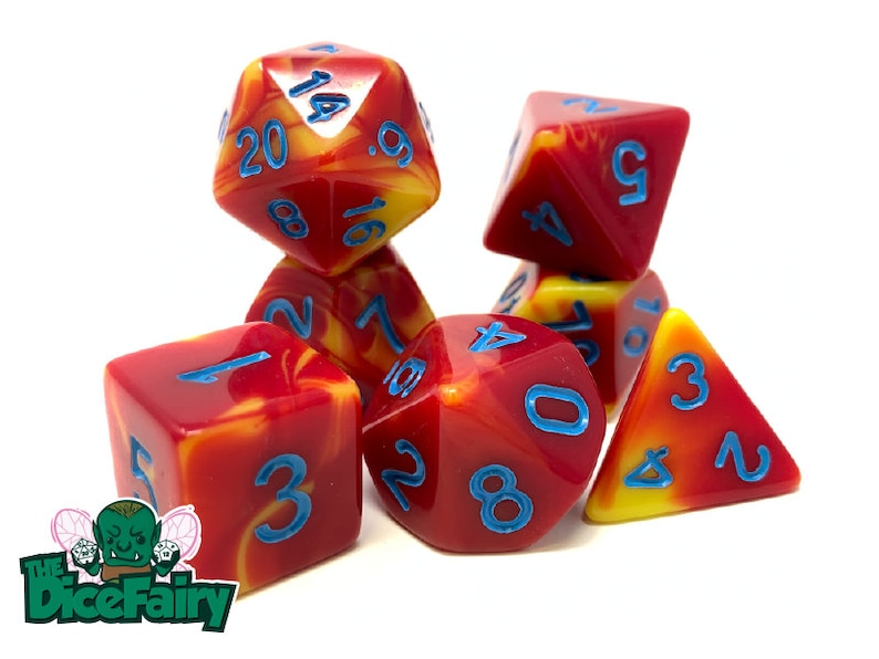 DnD Dice Set Polyhedral Dice Set Red And Yellow Fairy Snot Blend Dice Set