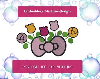 Kawaii cat bow spring bouquet flower bow summer tulip rose baby cute embroidery machine