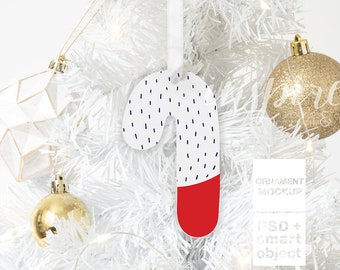 Download Free White Aluminium Candy Cane Ornament Christmas Mockup / Xmas Styled Stock Image / Add your own image / Show your design /Sublimation Template PSD Template