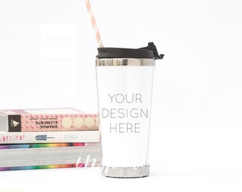 Download Travel Tumbler Mockup / PSD Smart Object / Insulated Tumbler with Lid / Colorful Books ...