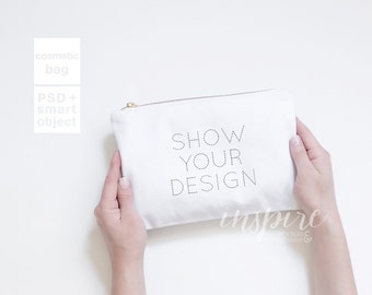 Cosmetic Purse Mockup / Add your design / Zippered Canvas Carry-All Pouch / Girl Holding Bag ...