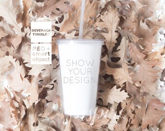 Download Beverage Tumbler Mockup Psd Smart Object Acrylic Tumbler Leaves Background Fall Nordic Styled Scene Printed Mint Product Mockups Free Psd Mockups Template