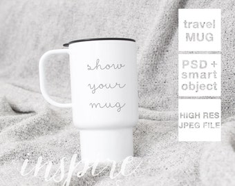 Download Free Plastic 15oz Travel Mug with Handle Mockup / Grey Fur Background / Nordic Styled Image / PSD Smart Object / Show your Sublimation Tumbler PSD Template