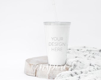 Download Beverage Tumbler Mockup Psd Smart Object Acrylic Tumbler Soft Fur Background Nordic Styled Scene Printed Mint Product Mockups Mockup Premium Psd Free Download