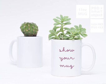 Download Two 11oz Ceramic Mug Mockup With Plants Psd Smart Object Image Styled Stock Photography For Etsy Listings Spring Mockups Summer Styled All Psd Packaging Mockups PSD Mockup Templates