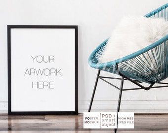 Download Free Big Black Frame Mockup / PSD Smart Object / Neutral Background Black Frame / Stock Photography / Acapulco Chair / Cozy / Minimalist Style PSD Template