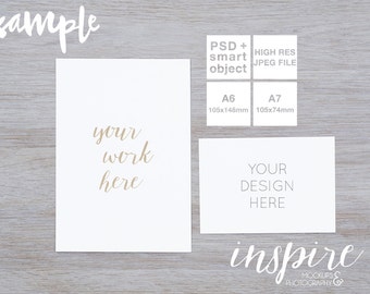 Download Free A6 A7 Card Invitation Mockup / PSD Smart Object + Jpeg / White wood background / Styled stock photography / Digital Image / Minimalist style PSD Template