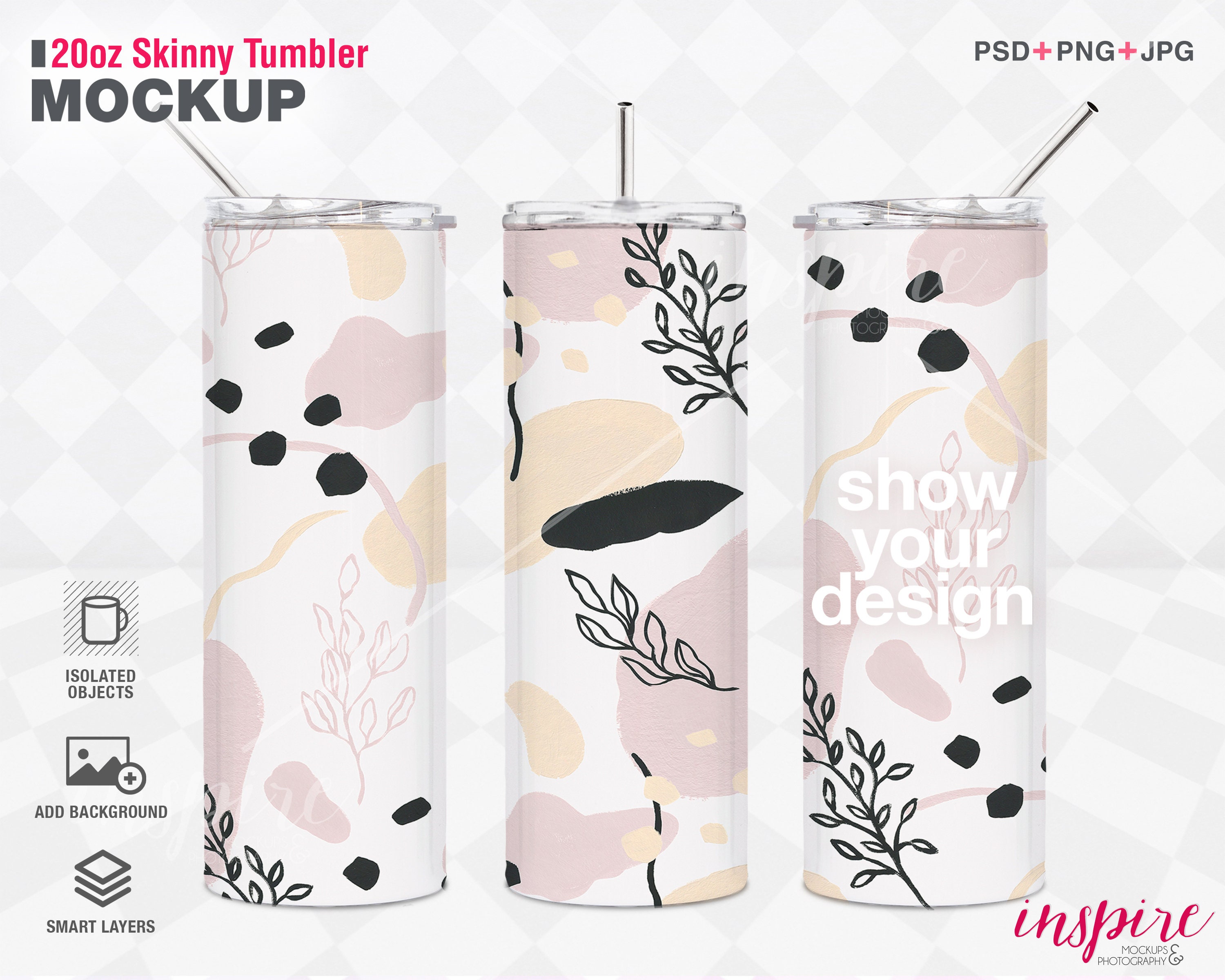 Download Triple 20oz Skinny Tumbler with straw PSD Styled Mockup ...