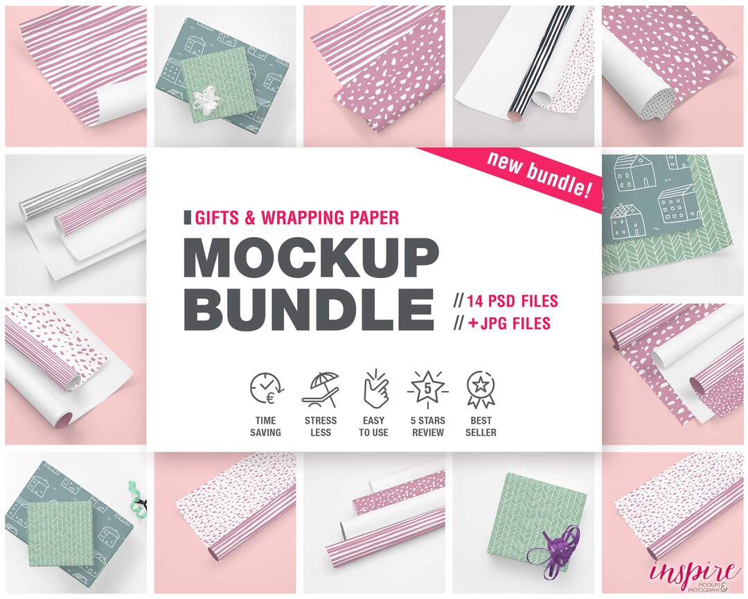 Gift Box and Wrapping Paper Roll Mockup Bundle/ PSD Smart Object Layer