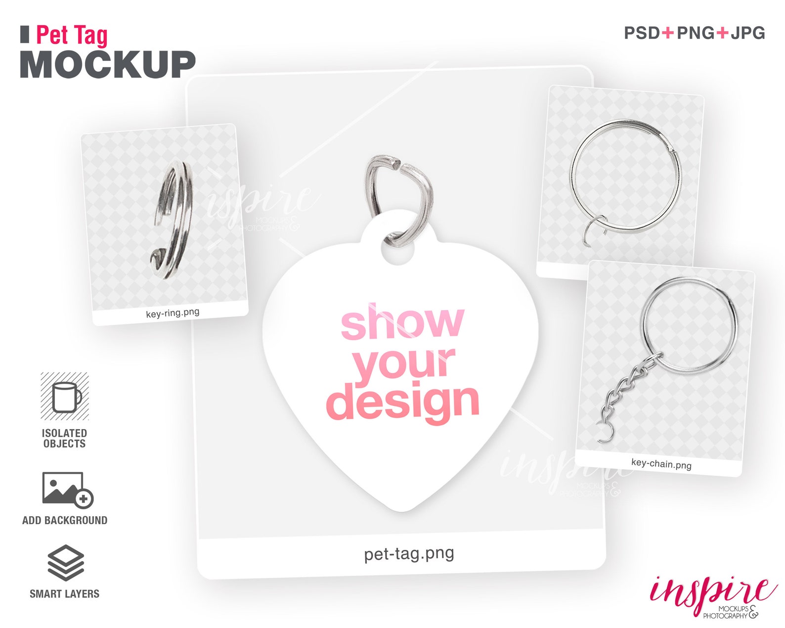 Heart Pet Tag Mockup with key ring connector / PSD Smart