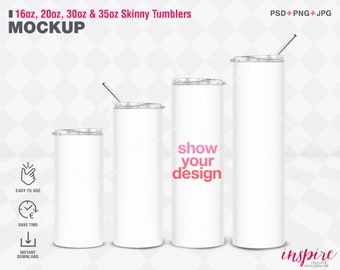 16oz 20oz 30oz 35oz Comparison Skinny Tumblers with straw PSD Styled Mockup / Sublimation Product Mockups / Add your own background