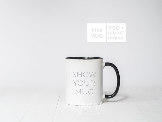 Download 11oz Black Handle Coffee Mug Mockup Psd Smart Object White Etsy