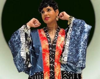 Ankara Denim Kimono Coat Jacket, Duster