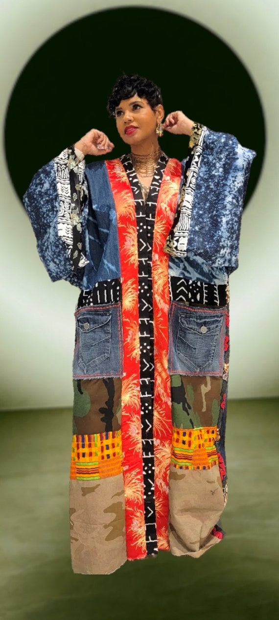 Ankara Denim Kimono Coat Jacket Duster Etsy